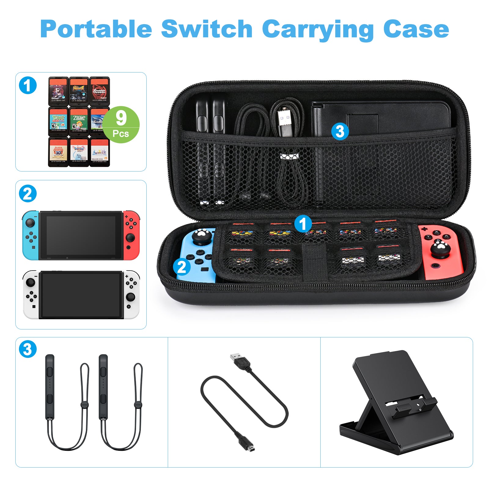 Younik Switch Case for NS Switch and Switch OLED, 11 in 1 Black Switch Accessories Kit